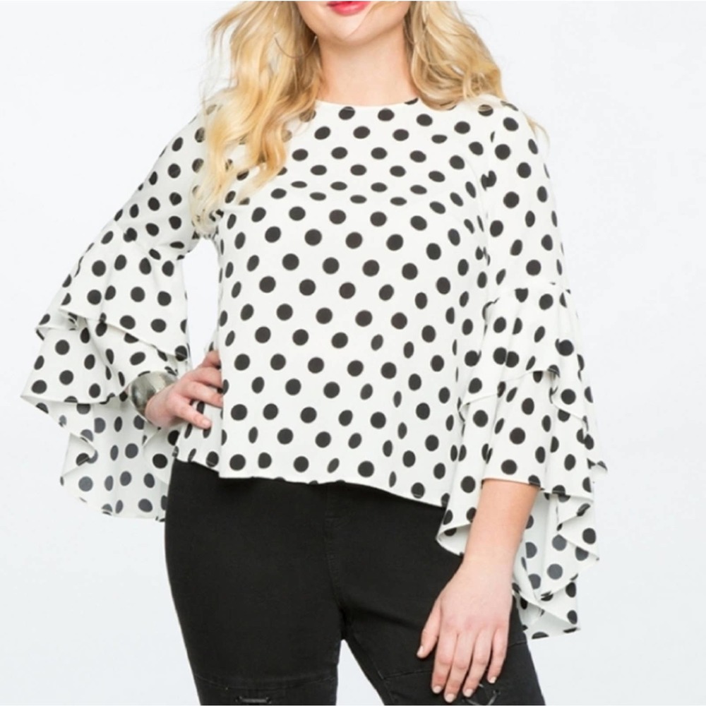 Eloquii Dramatic Sleeve Black/White Poka Dots Top Size 16